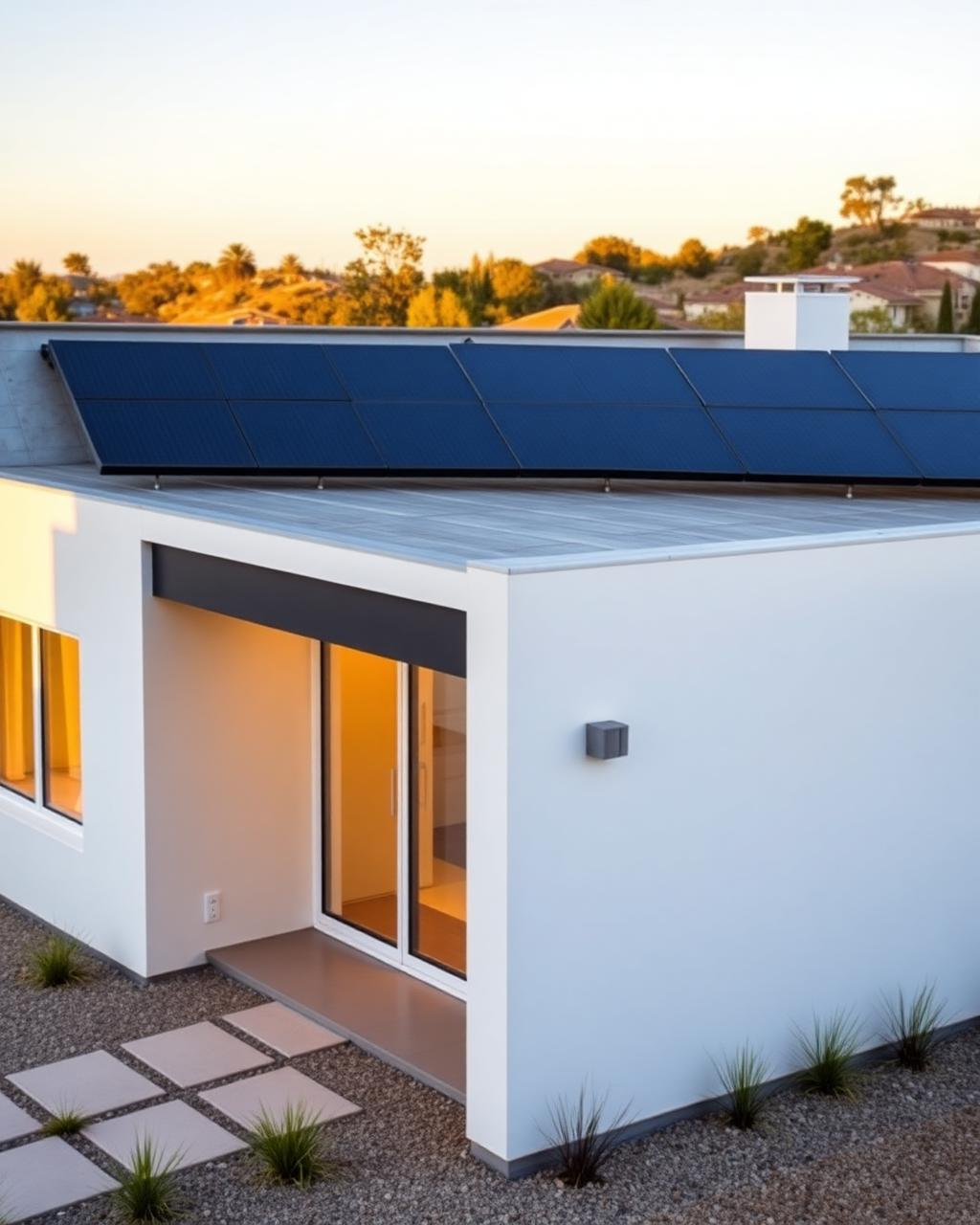 Modern California home with integrated black solar panels at golden hour
